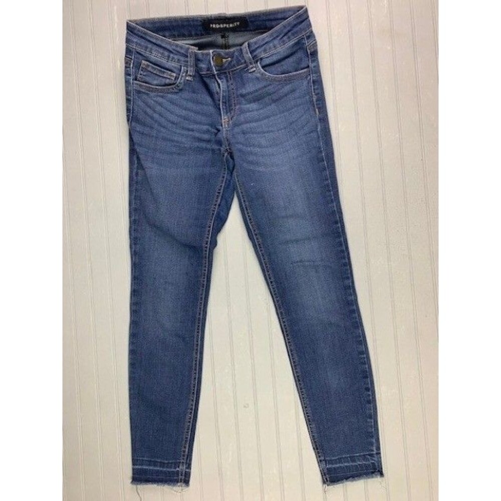 Prosperity Size 25p Petite Women Jeans Stretch Low Rise Skinny Raw Hem Med Wash